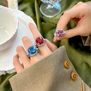 Vintage Jewelry Eco-friendly Copper 14*14MM Red Corundum Zircon Large Colorful Statement <b>Adjustable</b> <b>Rings</b> for Women - Product Image 5