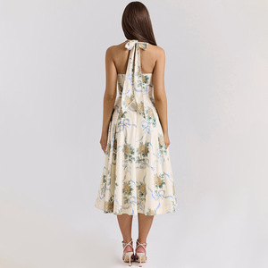 Abito Floreale Sexy da Donna, Elegante Vestito Midi Senza Maniche con Scollo a V e Allacciatura al Collo per la Sera - Product Image 5