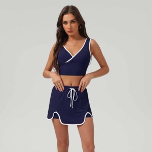 Neues Design Golf Tennis Frauen Aktiver Anzug Kontrast farbe Kreuz V-Ausschnitt Rücken loses Oberteil Kordel zug <span class=keywords><strong>2</strong></span> in 1 Rock Set Padel Badminton - Product Image 2