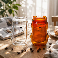Gobelet en verre à double paroi isolé avec couvercle, motif ours mignon, pour la maison et la cuisine, en verre transparent ambré, pour eau, jus, lait