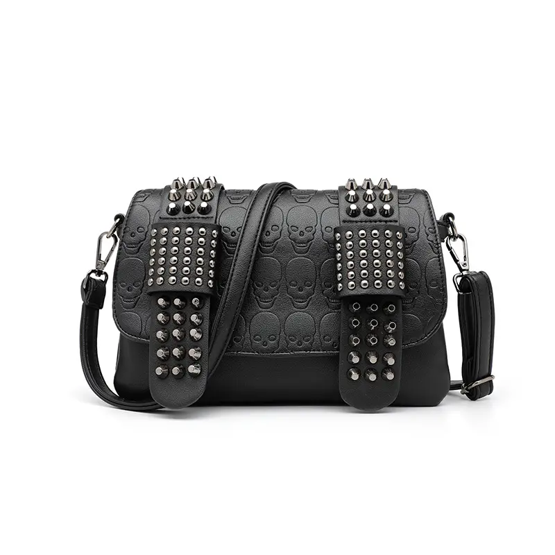 2024Mipurela Luxe Vrouw Handtassen Zwart Pu Lederen Messenger Tassen Mode Vintage Skull Klinknagels Dames Handtas