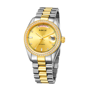 Reloj Mecánico Automático para Mujer MIGE, Esfera Dorada, Correa de Acero Inoxidable, 38 mm, Redondo, Analógico, con Fecha, Lujoso y Moderno - Product Image 1
