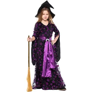 Kostum Cosplay Anak-anak Kostum Cosplay Halloween Karnaval Penyihir untuk Anak Perempuan Gaun Halloween dengan Topi