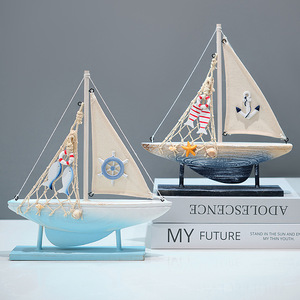 Mediterranean Sailboat Model Wooden Boat Decorative Craft Home Decoration Retro Style <b>Light</b> Blue And Dark Blue Single Piece - Product Image 5