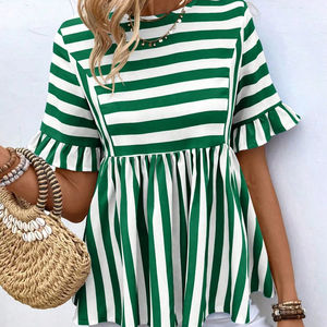Summer Women a Line <b>Top</b> Elegant Ruffle Sleeve Striped <b>Patchwork</b> <b>Top</b> Loose Solid Short Sleeve Casual Shirt - Product Image 1