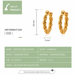 Boucles d'oreilles créoles torsadées en acier inoxydable plaqué or 14 carats sous vide, bijoux texturés ouverts type Huggie - Product Image 3