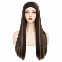 Perruque longue et droite Yaki volumineuse pour femme, noire mélangée au brun, en fibre synthétique haute température, avec bandeau, pour usage quotidien