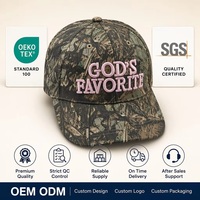 Casquette de baseball camouflage OEM ODM, broderie rose en relief GODS FAVORITE, casquette de pêcheur 6 panneaux en coton, petit MOQ, BSCI, Barudan, DDP, expédition rapide