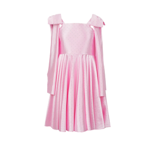 Vestito Rosa Scintillante per Bambine in Spandex/Poliestere con Fiocco sulle Spalline, Pieghe a Gonna Svasata, Tinta Unita, per Feste di <span class=keywords><strong>Compleanno</strong></span> e Cerimonie Primaverili - Product Image 2