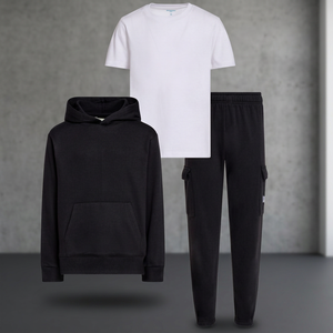 Ensemble de survêtement décontracté pour garçons : sweat à capuche noir, t-shirt blanc, pantalon cargo noir, couleur unie, coton mi-lourd, vêtements d'automne - Product Image 1