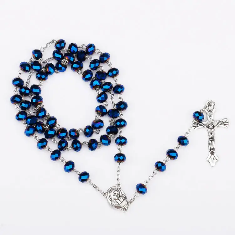 ZHONG NUO Amazon latest Christianity rosary necklace bead chain blue glass crystal Catholic religious cross pendant necklaces