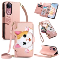 Étui portefeuille en cuir avec fermeture éclair et multiples fentes pour cartes pour Samsung Galaxy A06 A16 A26 A36 A56 5G A15 A25 A35 A55 A05 A05S, avec cordon et motif chat
