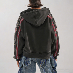 Sweat à capuche unisexe KingSen vintage délavé avec fermeture éclair, patchs brodés numériques 3D, sangles élégantes sur les manches, coupe décontractée streetwear - Product Image 5