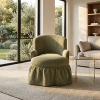 Fauteuil d'appoint carré moderne écologique vert sauge avec accoudoirs roulés, base à jupe plissée, siège rembourré épais et éponge capitonnée