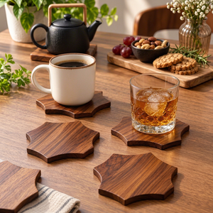 Teakwood Rosewood Geometric Coasters <b>Set</b> of <b>6</b> Handmade Wooden Drink Coasters Modern Table Decor for Coffee Cups <b>Mugs</b> Glasses - Product Image 1