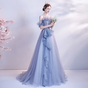 Off The Shoulder Chiffon Ball Gown Empire Waist Ruffles Sparkling Blue Evening Dress For Bridal Events - Product Image 3
