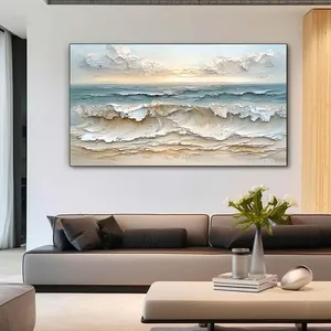 Peinture acrylique sur toile abstraite moderne de taille personnalisée, beige naturel, blanc, <span class=keywords><strong>bleu</strong></span>, vagues océaniques, décoration murale pour la maison, salon - Product Image 4