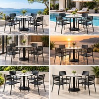 Ensemble de table à manger ronde d'extérieur en alliage d'aluminium, 4 fauteuils modernes noirs pour patio, jardin, café, balcon
