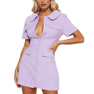 Personalizzato di alta qualità con colletto corto con bottone a linea di colore puro stile semplice <span class=keywords><strong>lavanda</strong></span> donna Tweed Mini abito - Product Image 4