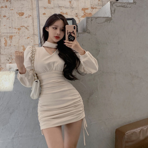 V-Neck Halter Drawstring Bodycon Mini Dress Women Long Sleeve Slim Fit Elegant Party Dress Solid Color Tight Waist - Product Image 2