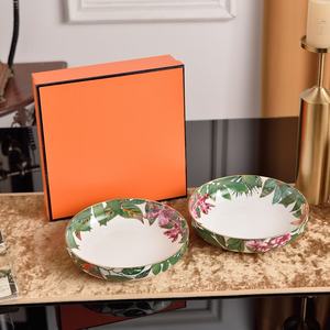 Assiettes de créateur, ensemble de 2 pièces, en porcelaine fine, motif végétal, peintes à la main, assiettes creuses et profondes de 8 pouces, vaisselle forêt tropicale - Product Image 3