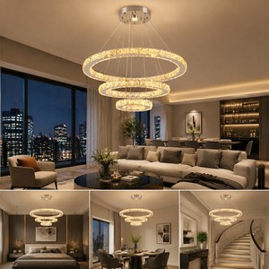 Lustre nordique moderne de luxe à 3 anneaux, 3 couleurs changeantes, lustre en cristal LED pour salon, chambre à coucher, restaurant - Product Image 2