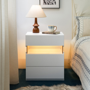 LED Nightstand 3 Drawer Dresser with Acrylic Board <b>Bedside</b> <b>Table</b> for Bedroom Living Room Storage Drawer - Product Image 1