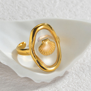 Haomi bohemio verano océano estilo inmortal flor estrella de mar Shell abierto lindo patrón transparente Acero inoxidable anillo de oro - Product Image 4