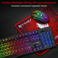 Ensemble clavier et souris filaire T-WOLF TF31 3-en-1, clavier de jeu rétroéclairé arc-en-ciel, design étanche