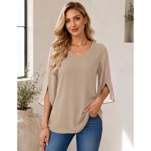 Women Blouse V Neck 3/4 Flutter Sleeve <b>Sequin</b> Chiffon Asymmetric Tunic <b>Top</b> Everyday Wear Sheer Layer Design - Product Image 2