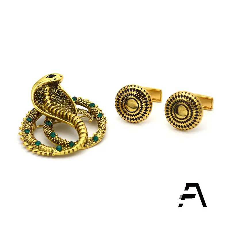 Gold cobra snake brooch and cufflink set for kaftan agabada buba and sokoto