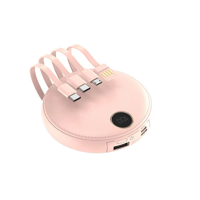 Factory Wholesale High Quality Mini 5000/10000mAh LCD Display Charger Multifunction Small Portable Round Power Bank With 4 Cable