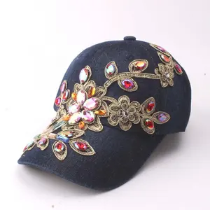 Womens Cute Lace Flowers Baseball Hat with Jewel Denim Rhinestone Bling Baseball Cap