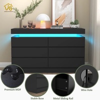 Commode minimaliste à 6 tiroirs avec prise de courant et lumière LED, noir, rangement pour chambre à coucher, pour salon