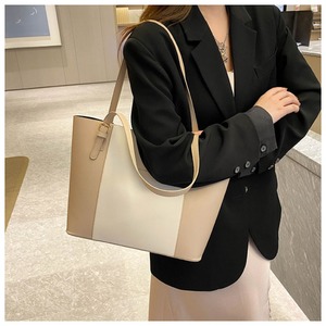 Bolso de Mano de Cuero para Mujer, Gran Capacidad, Diseño Moderno, Color Sólido en Contraste, Bolso de Compras de PU con Cierre de Cremallera - Product Image 5