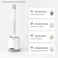 Brosse de toilette résistante à la rouille avec tête de brosse en TPR souple, support ventilé remplaçable avec couvercle, design à séchage rapide