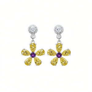 Boucles d'oreilles pendantes E1307 en forme de fleur jaune avec pierres jaunes taillées en poire et pierre centrale violette sertie griffe, bijoux de luxe pour femme - Product Image 1