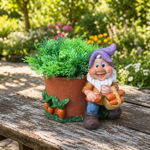 Statua di Gnomo da Giardino in Resina Impermeabile ed Ecologica, Design Divertente con Vaso per Fiori Integrato, Decorazione per Esterni - Product Image 1