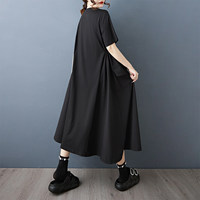 Nouvelle Robe Longue Tricotée Femme 2026, Taille Élastiquée, Col Rond, Manches Courtes, Coupe Ample, Poches Plaquées, Grande Taille, Style Gothique Sombre, Été, Vente en Gros