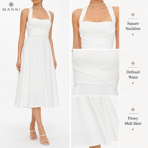 Robe midi blanche à col halter pour <span class=keywords><strong>femme</strong></span>, col carré, coupe évasée, élégante, pour invitées de mariage, fiançailles, cocktail, fabricants de vêtements asiatiques - Product Image 3