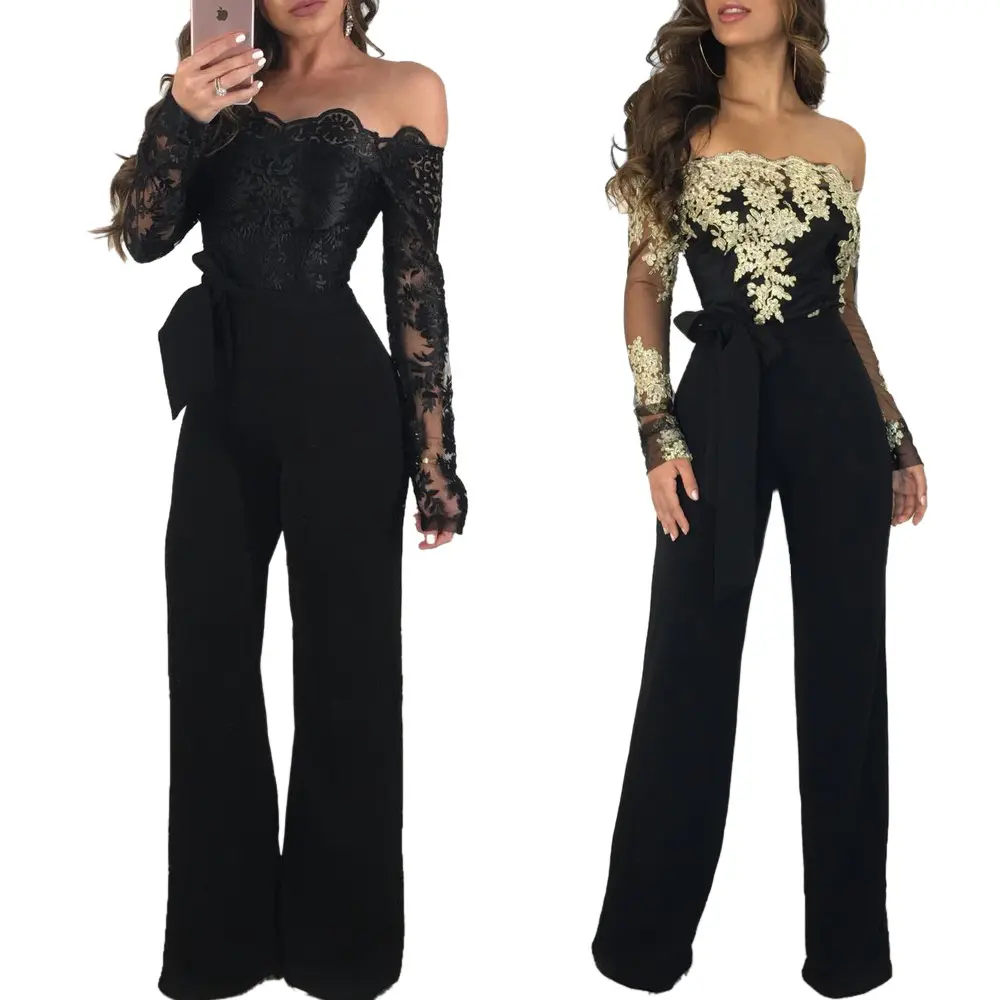 European and American women's casual women's water-soluble lace neckline wide-leg jumpsuit 7 colors