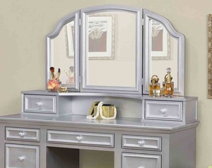 Transitional Style Solid Oak Wood 1pc Vanity W/ Stool Set Knob Handles Storage Drawers 3-Sided <b>Mirror</b> Silver Hotel Living Room - Product Image 4
