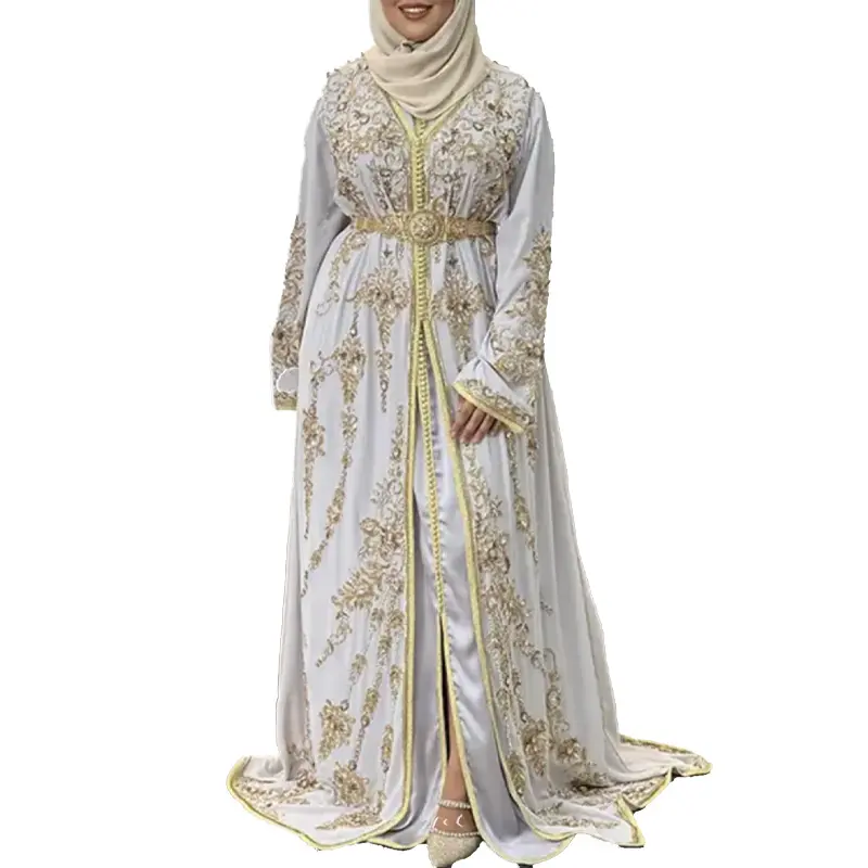 OEM kustom abaya kerajinan tangan mewah bordir kristal Dubai Kaftan Muslim gaun panjang Maxi Maroko Kaftan dengan sabuk