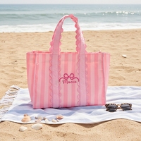 Sac fourre-tout en toile à rayures roses avec poignée festonnée, grande capacité, sac de plage réutilisable, fermeture magnétique, sac à bandoulière décontracté