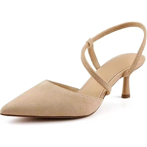 Logo personnalisé Slingback femmes de luxe <span class=keywords><strong>pas</strong></span> <span class=keywords><strong>cher</strong></span> talons hauts chaussures habillées Beige daim bas chaton talon bout fermé talons pour les femmes - Product Image 1