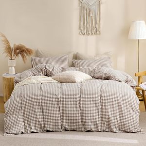 Parure de lit de luxe en coton lavé aspect lin, motif Gingham, douce et respirante, avec taies <span class=keywords><strong>d</strong></span>'<span class=keywords><strong>oreiller</strong></span>, taille Queen, couleur Tan, pour chambre à coucher - Product Image 3