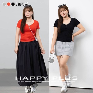 Happy Plus T-shirt tricoté ajusté à col en v pour femme, grande taille, orange rouge, manches courtes, couleur unie, N9261 - Product Image 3