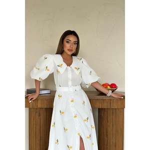 Robe de cocktail rose à imprimé floral, ceinturée, coupe trapèze, en coton et fibre de bambou respirante, taille naturelle, col carré - Product Image 3