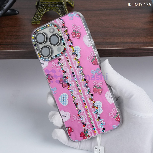 Fashion Colours Rhinestone Love Strawberry Printing IMD Personalized Shockproof Women Phone case for iphone 17-12 Pro Max