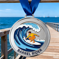 Médaille de surfeur en métal plaqué argent émaillé avec motif d'onde océanique personnalisé, forme ronde, prix de finisseur, médaille de surf pour concours de surf